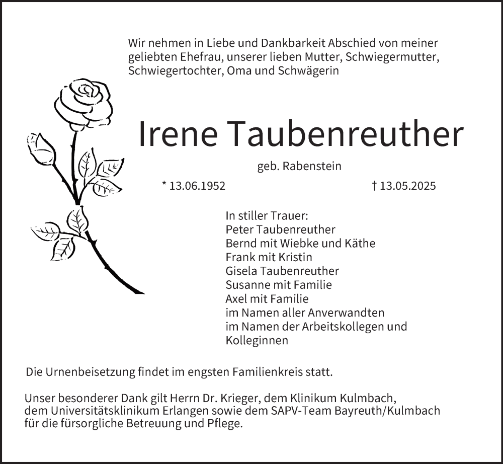  Traueranzeige für Irene Taubenreuther vom 17.05.2025 aus MGO