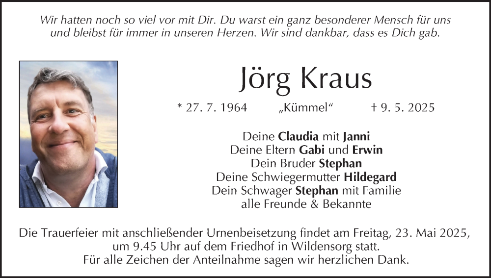  Traueranzeige für Jörg Kraus vom 17.05.2025 aus MGO