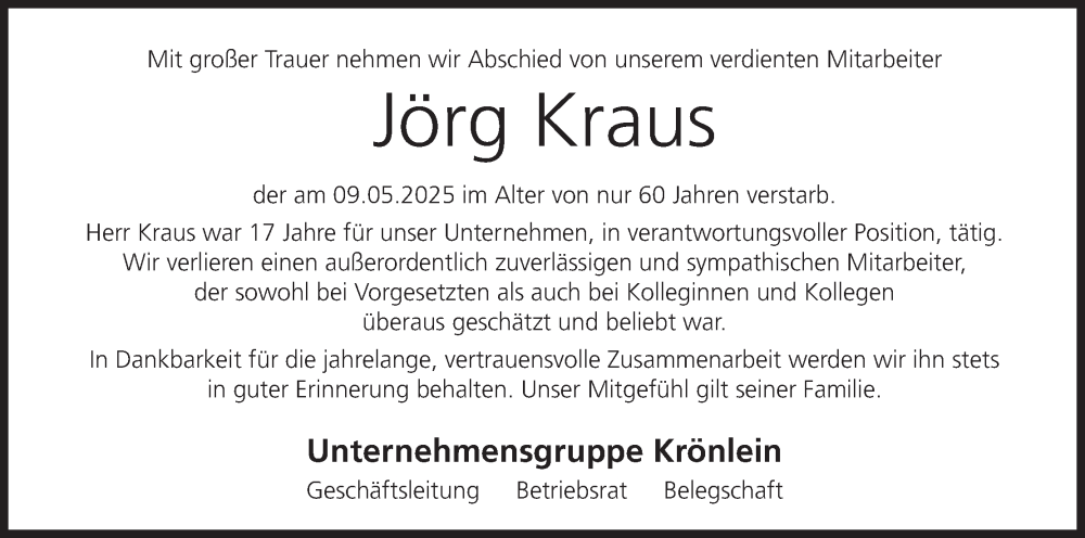  Traueranzeige für Jörg Kraus vom 20.05.2025 aus MGO