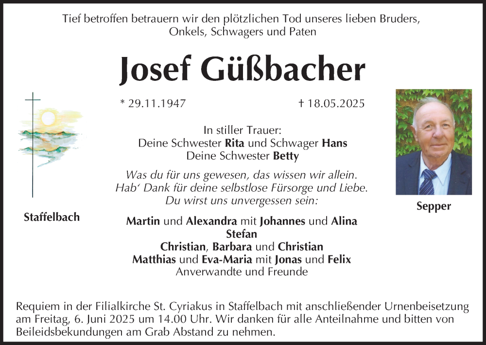  Traueranzeige für Josef Güßbacher vom 31.05.2025 aus MGO
