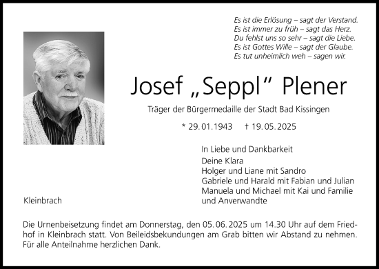 Anzeige von Josef Plener von MGO