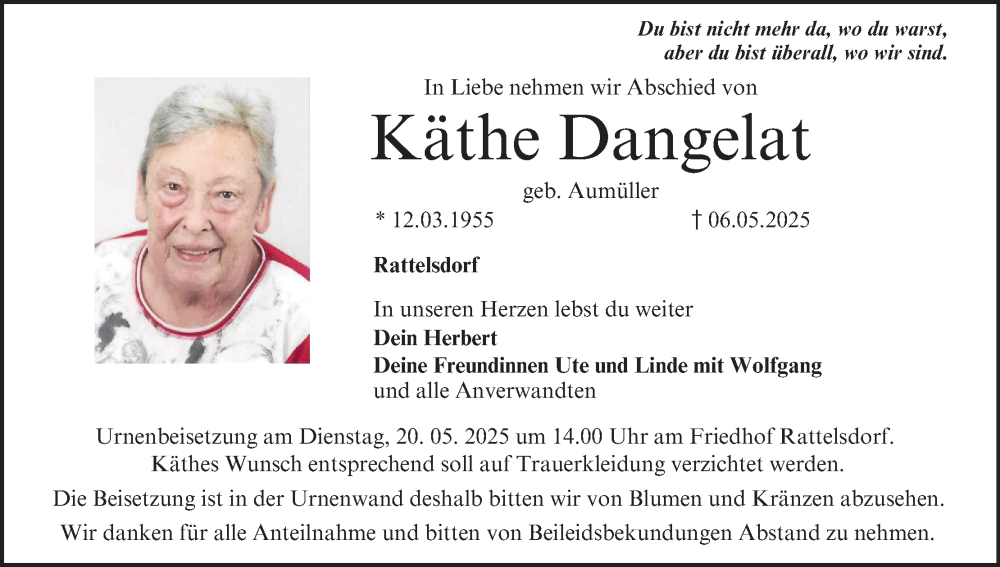  Traueranzeige für Käthe Dangelat vom 17.05.2025 aus MGO