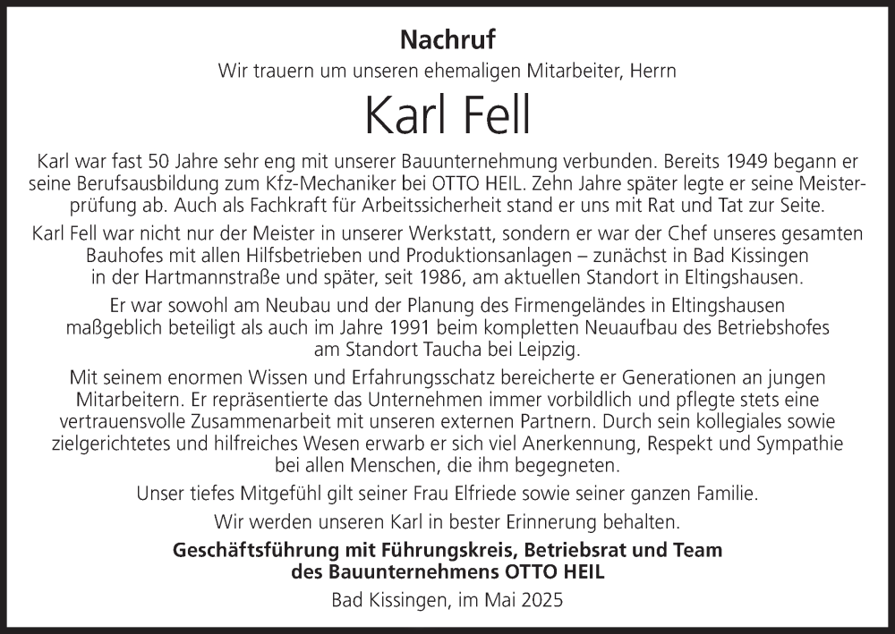  Traueranzeige für Karl Fell vom 30.05.2025 aus MGO