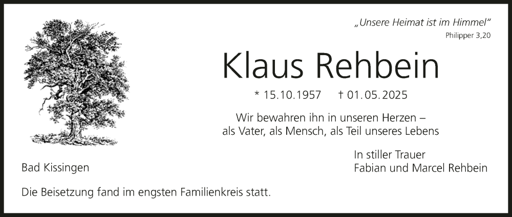  Traueranzeige für Klaus Rehbein vom 31.05.2025 aus MGO