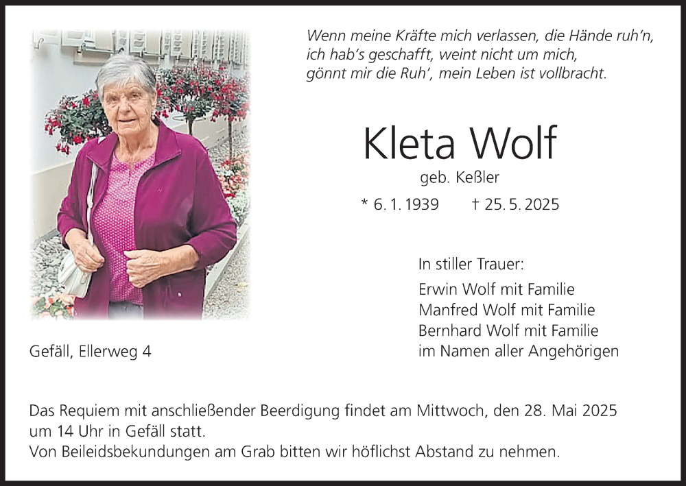  Traueranzeige für Kleta Wolf vom 27.05.2025 aus MGO