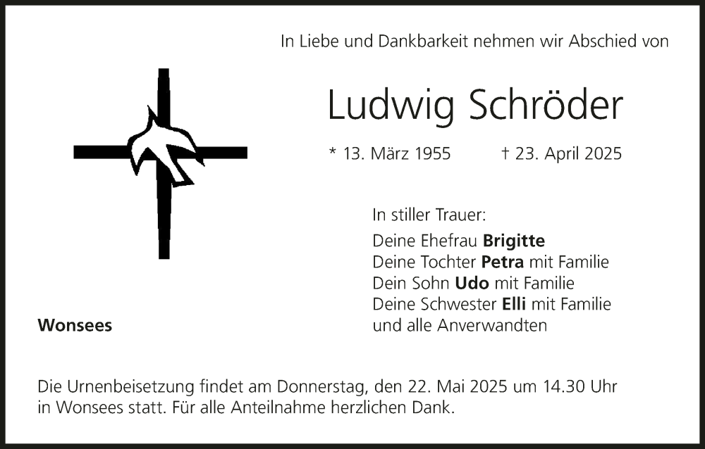 Traueranzeige für Ludwig Schröder vom 20.05.2025 aus MGO