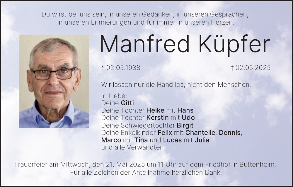  Traueranzeige für Manfred Küpfer vom 17.05.2025 aus MGO