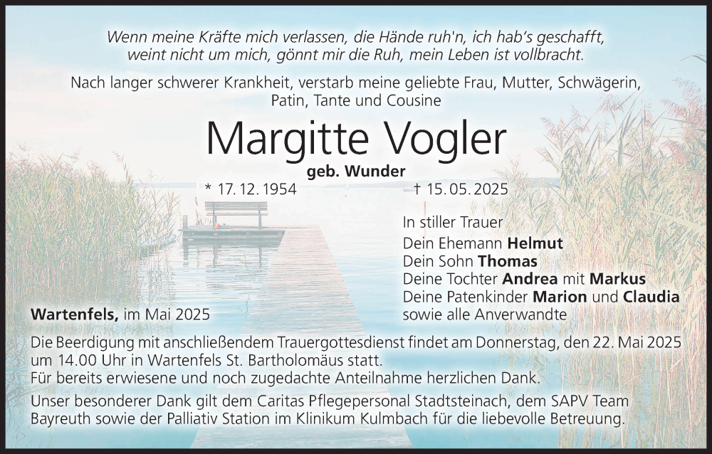  Traueranzeige für Margitte Vogler vom 20.05.2025 aus MGO