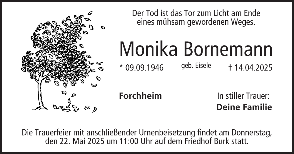  Traueranzeige für Monika Bornemann vom 17.05.2025 aus MGO