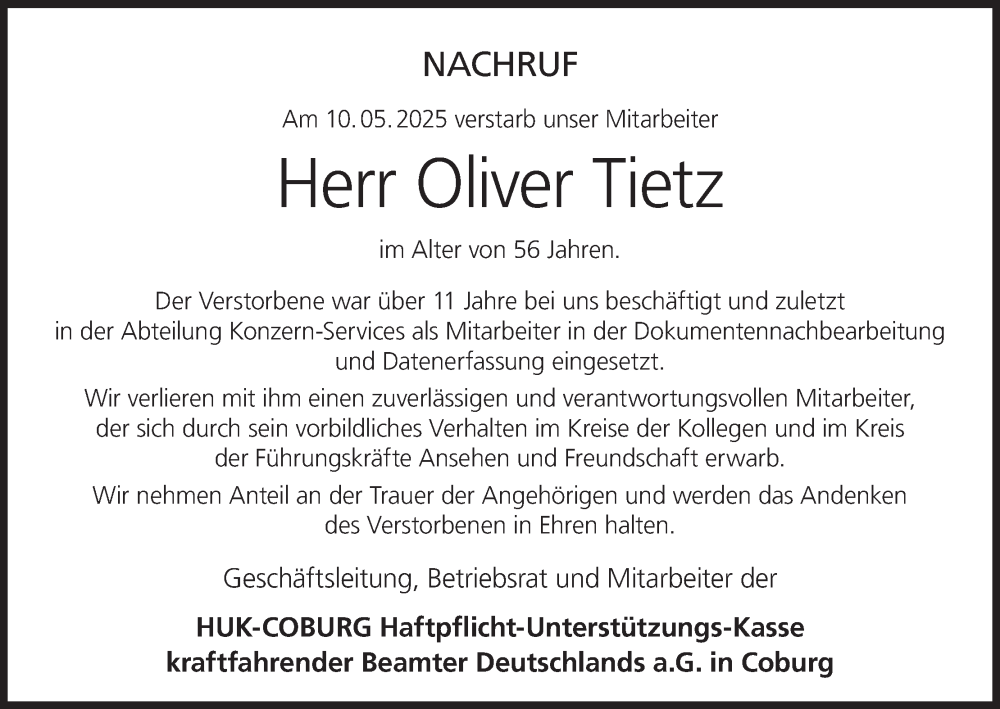  Traueranzeige für Oliver Tietz vom 27.05.2025 aus MGO