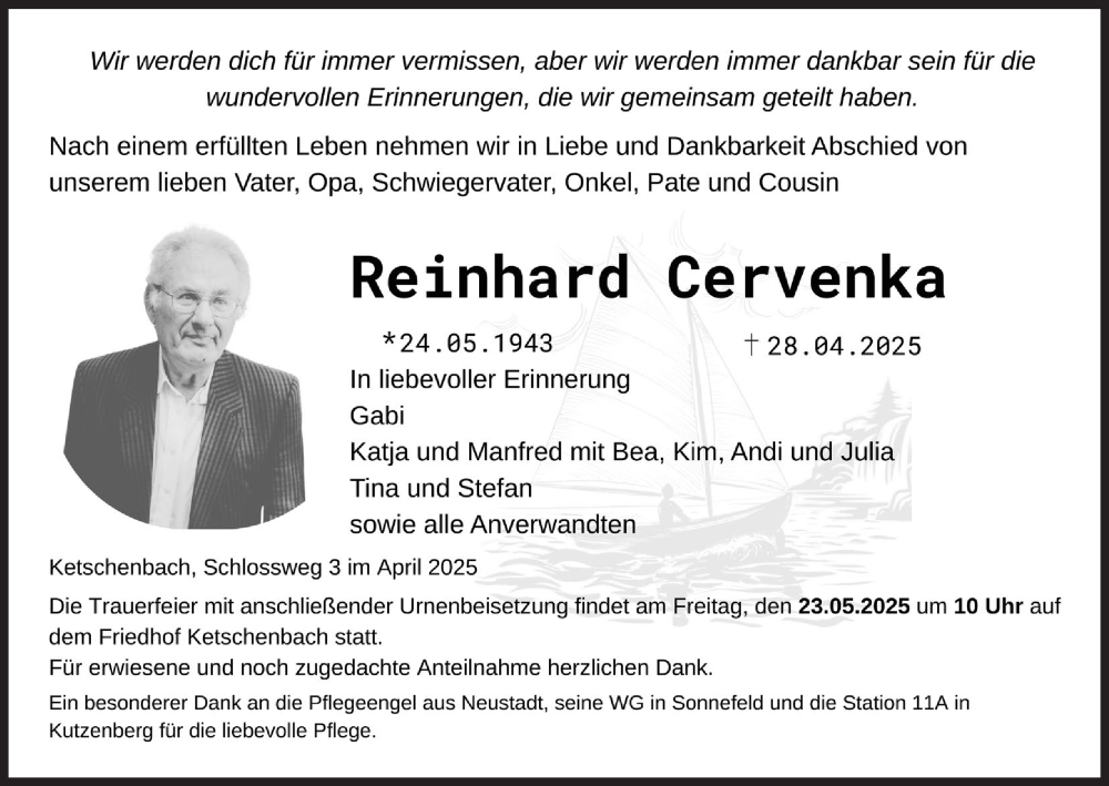  Traueranzeige für Reinhard Cervenka vom 17.05.2025 aus MGO