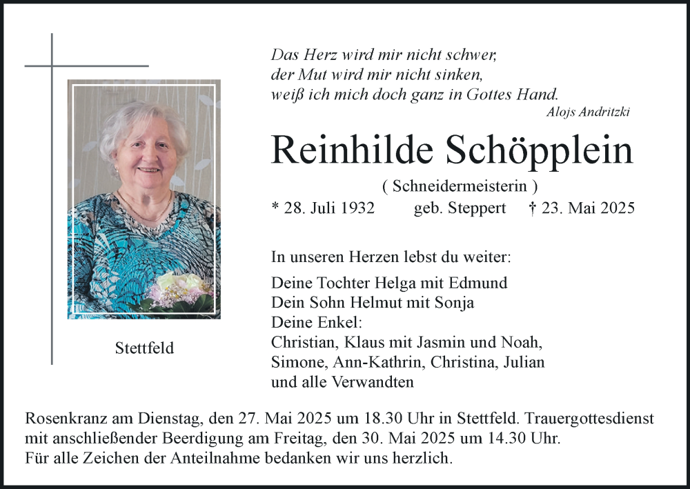 Traueranzeige für Reinhilde Schöpplein vom 27.05.2025 aus MGO