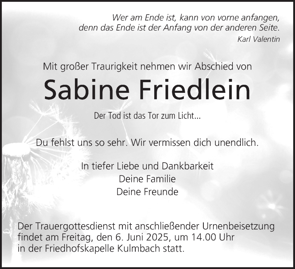  Traueranzeige für Sabine Friedlein vom 31.05.2025 aus MGO
