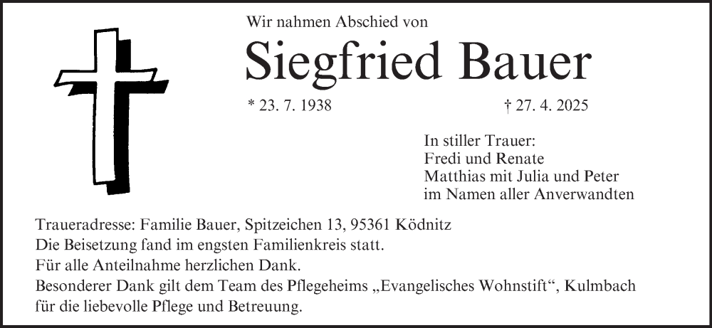  Traueranzeige für Siegfried Bauer vom 31.05.2025 aus MGO