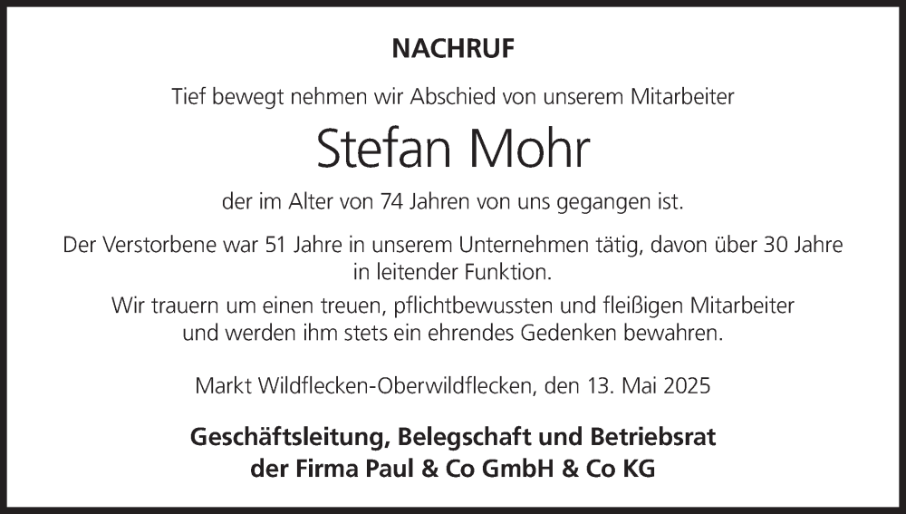  Traueranzeige für Stefan Mohr vom 13.05.2025 aus MGO