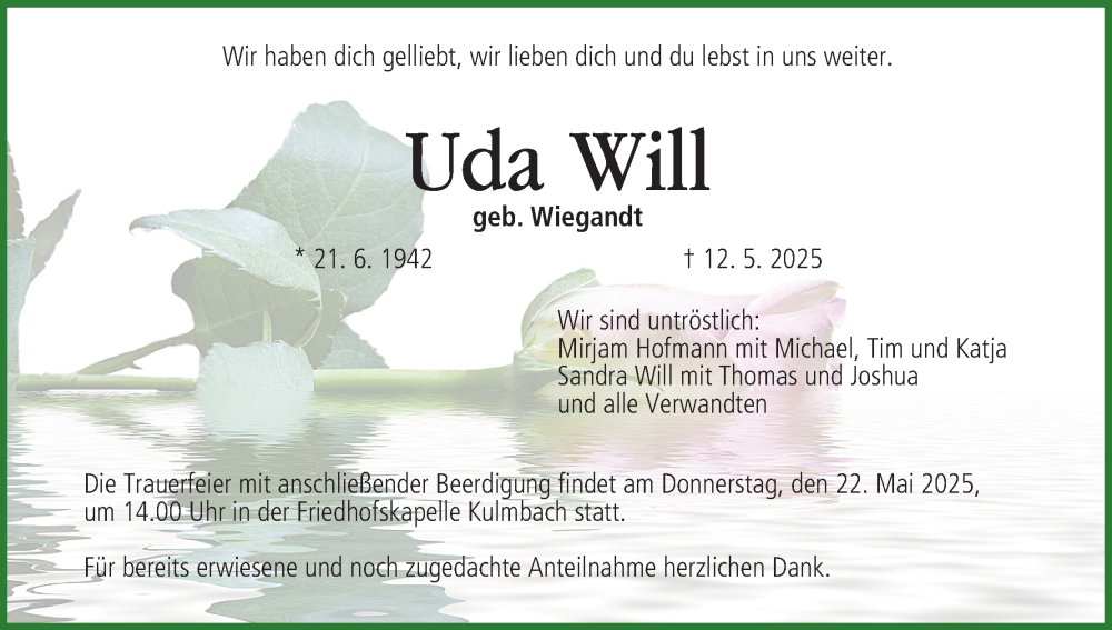 Traueranzeige für Uda Will vom 17.05.2025 aus MGO
