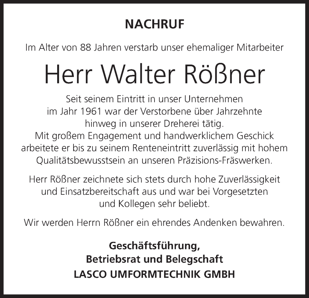  Traueranzeige für Walter Rößner vom 21.05.2025 aus MGO
