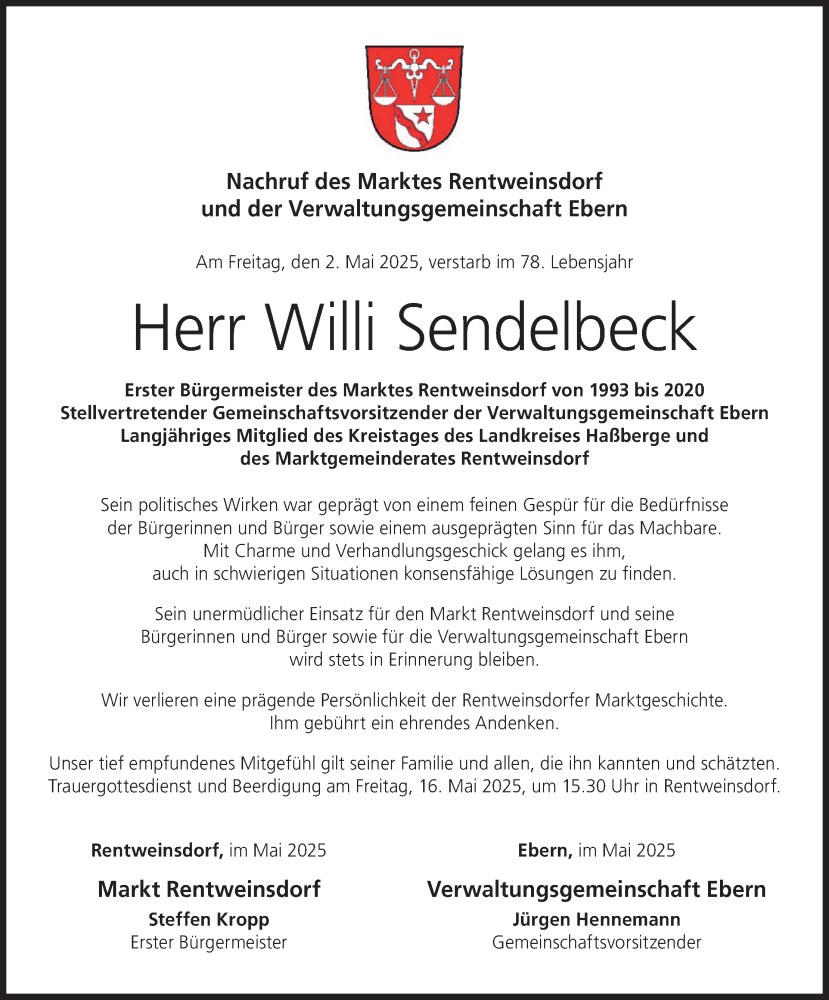  Traueranzeige für Will Sendelbeck vom 14.05.2025 aus MGO