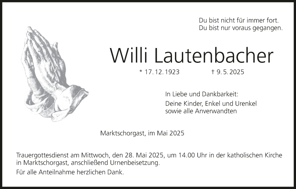  Traueranzeige für Willi Lautenbacher vom 17.05.2025 aus MGO