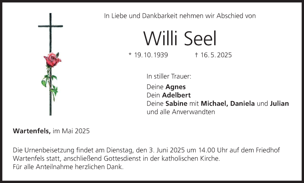  Traueranzeige für Willi Seel vom 31.05.2025 aus MGO