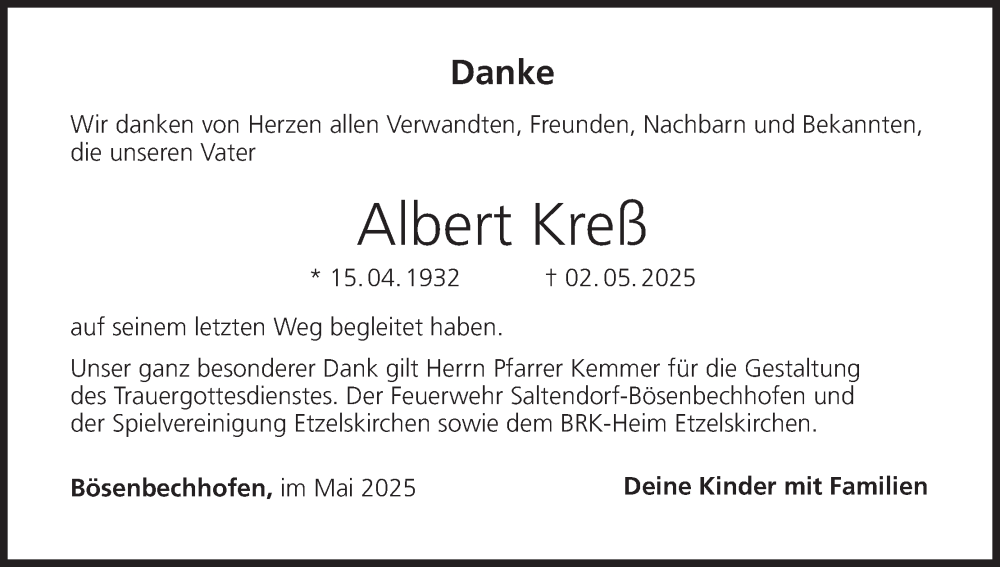  Traueranzeige für Albert Kreß vom 14.06.2025 aus MGO