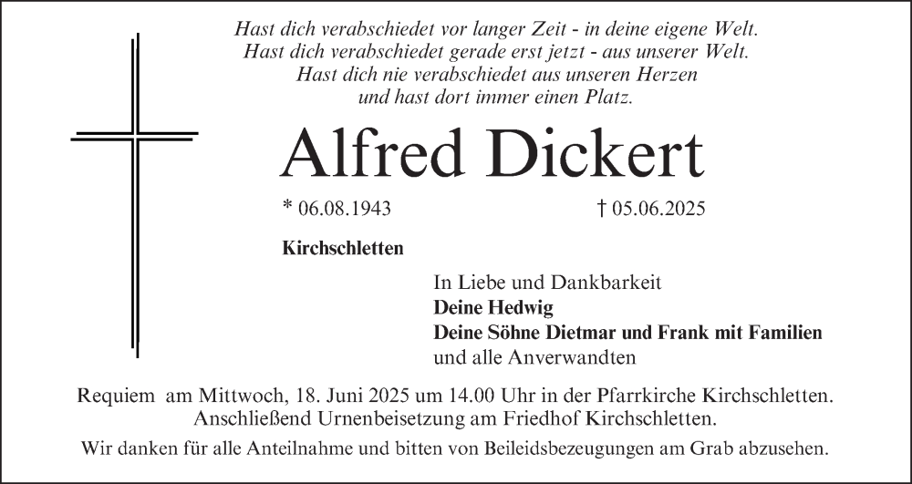  Traueranzeige für Alfred Dickert vom 14.06.2025 aus MGO