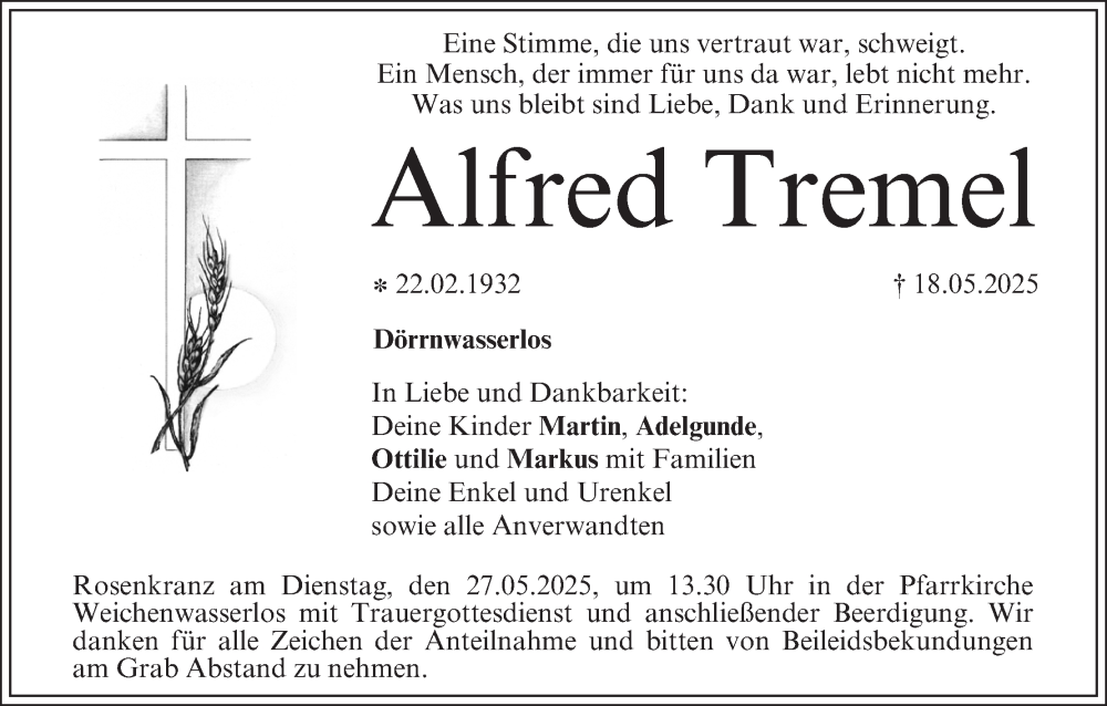  Traueranzeige für Alfred Tremel vom 24.05.2025 aus MGO