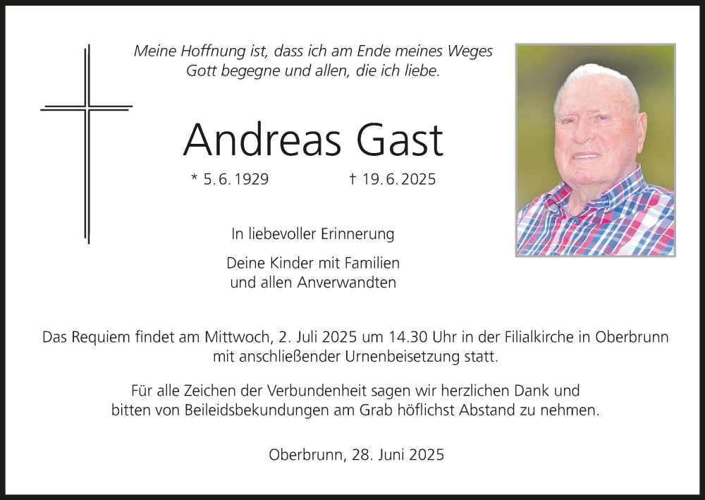  Traueranzeige für Andreas Gast vom 28.06.2025 aus MGO