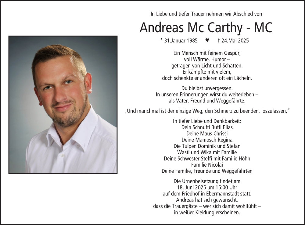  Traueranzeige für Andreas Mc Carthy vom 14.06.2025 aus MGO
