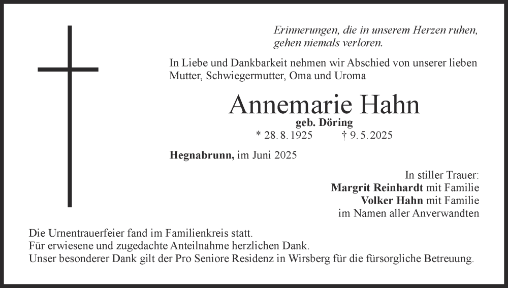  Traueranzeige für Annemarie Hahn vom 21.06.2025 aus MGO