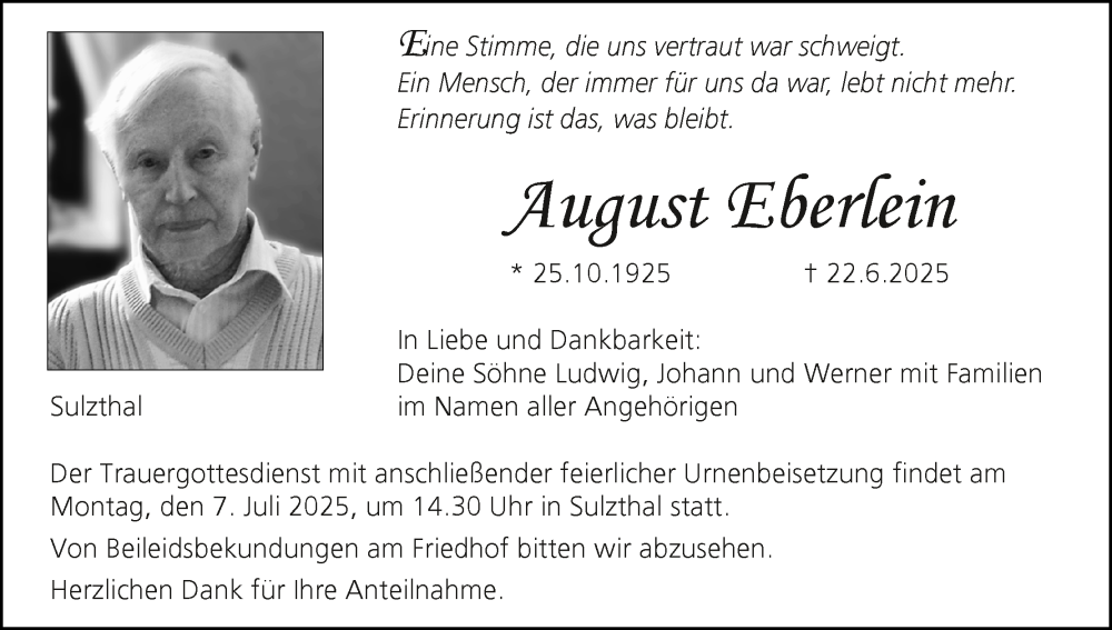  Traueranzeige für August Eberlein vom 28.06.2025 aus MGO