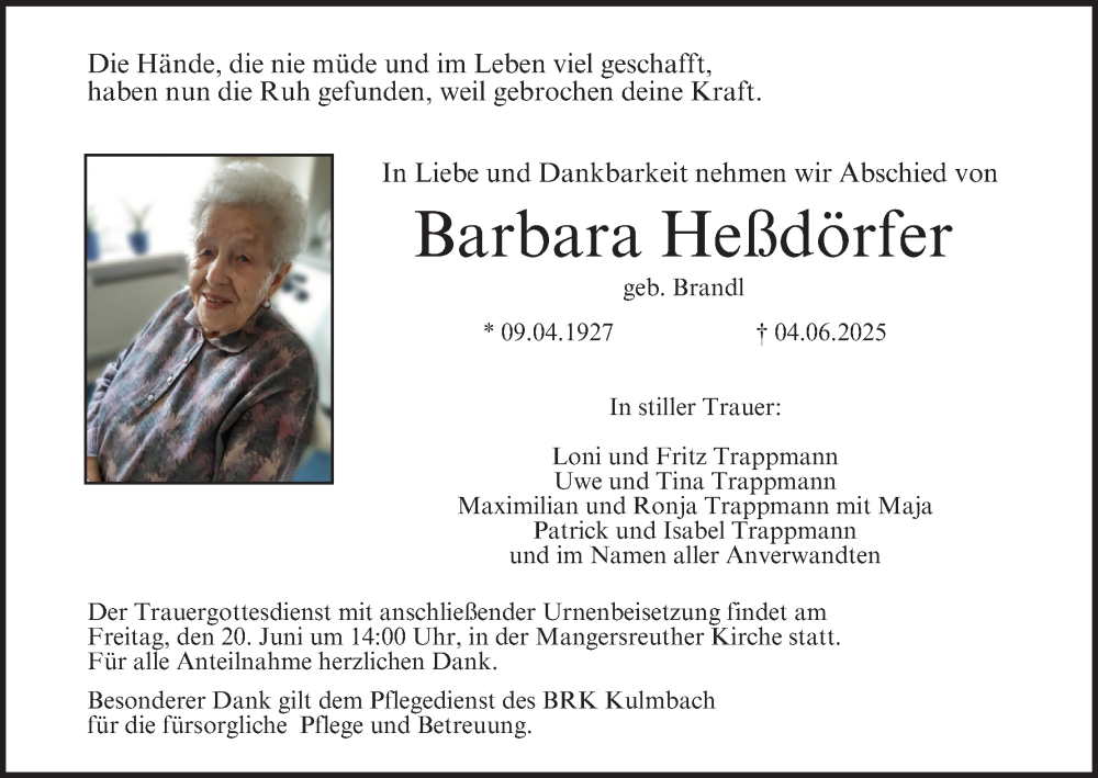  Traueranzeige für Barbara Heßdörfer vom 14.06.2025 aus MGO