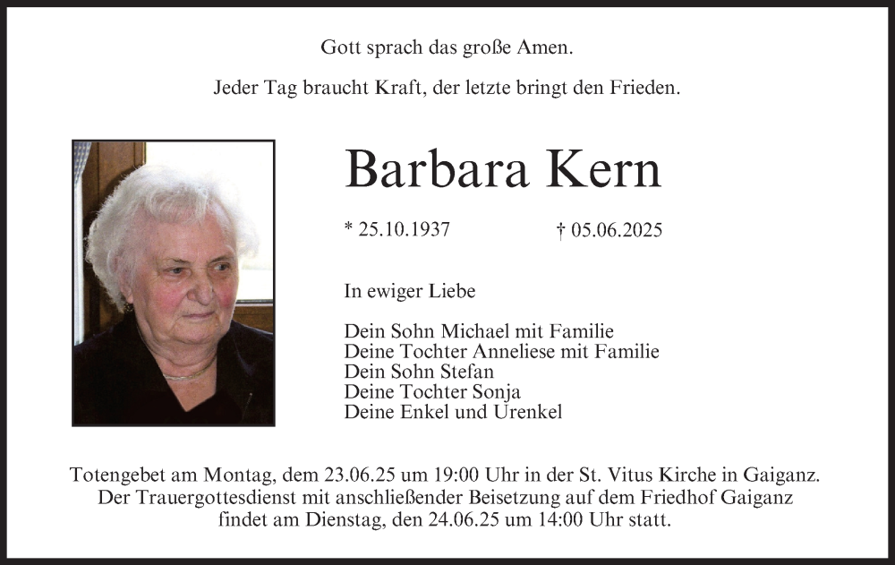  Traueranzeige für Barbara Kern vom 21.06.2025 aus MGO
