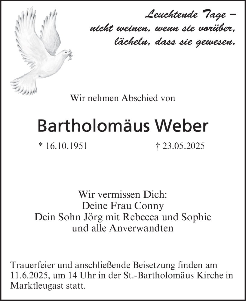  Traueranzeige für Bartholomäus Weber vom 07.06.2025 aus MGO