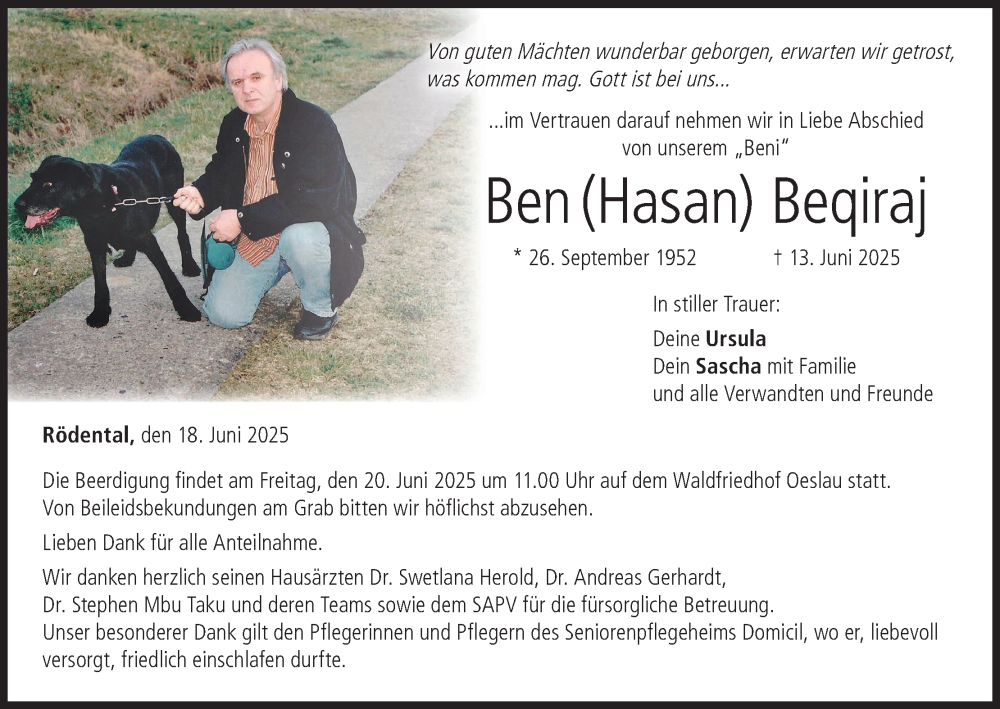  Traueranzeige für Ben Beqiraj vom 18.06.2025 aus MGO