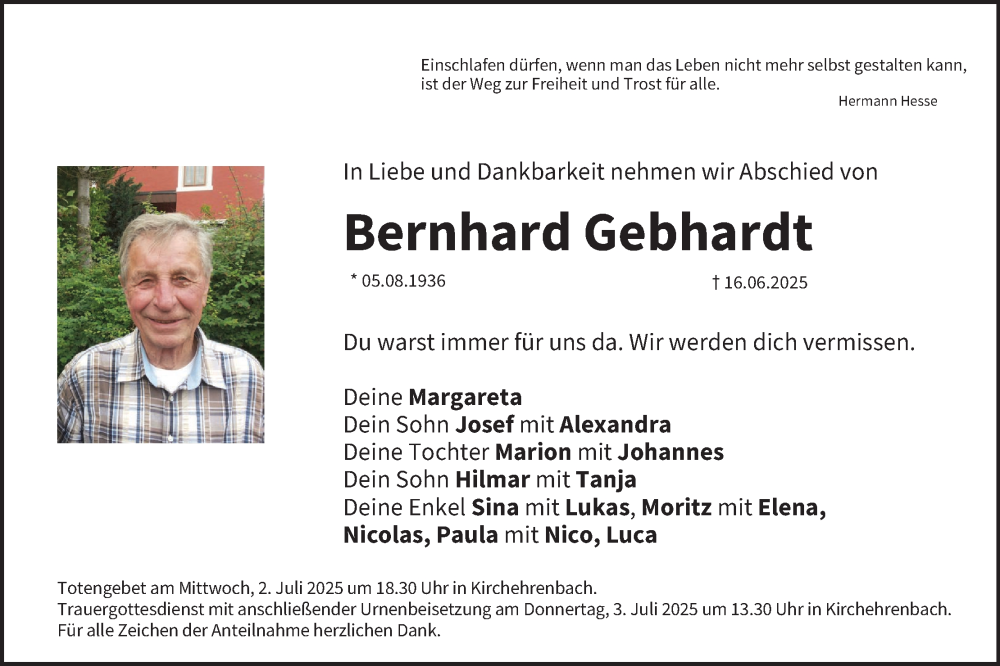  Traueranzeige für Bernhard Gebhardt vom 28.06.2025 aus MGO