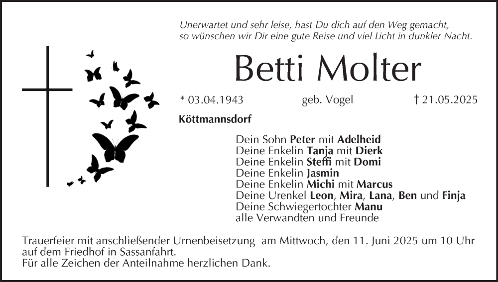  Traueranzeige für Betti Molter vom 07.06.2025 aus MGO