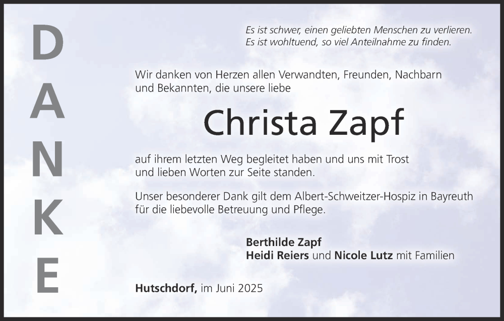  Traueranzeige für Christa Zapf vom 14.06.2025 aus MGO