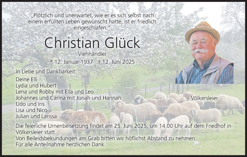  Traueranzeige für Christian Glück vom 21.06.2025 aus MGO