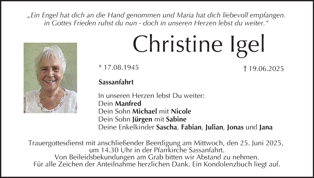  Traueranzeige für Christine Igel vom 21.06.2025 aus MGO