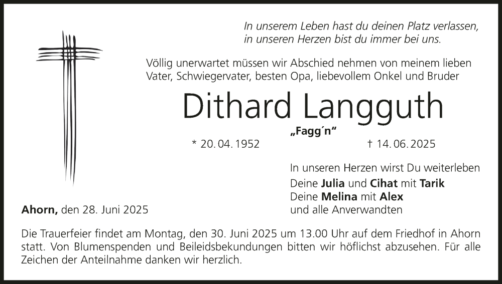  Traueranzeige für Dithard Langguth vom 28.06.2025 aus MGO