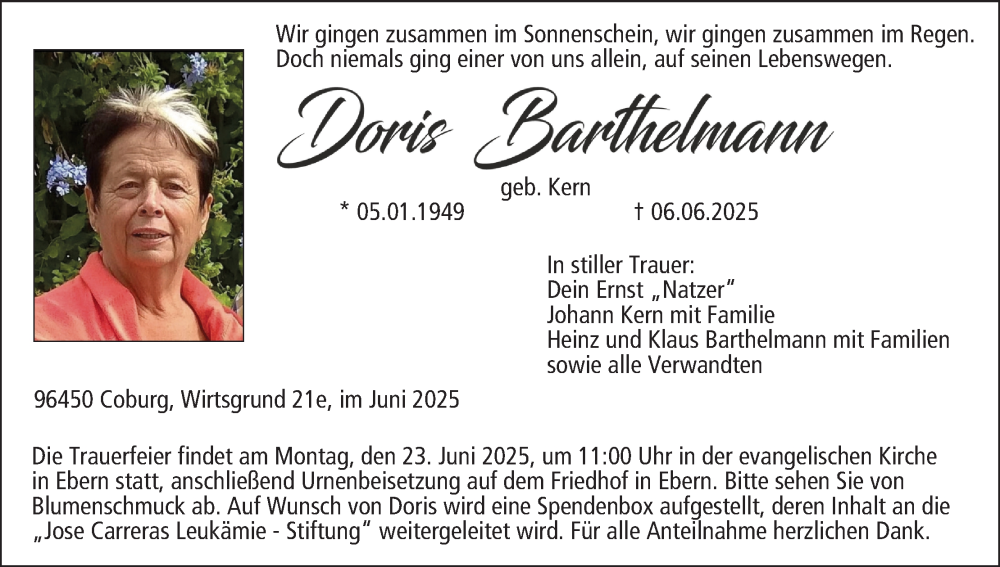  Traueranzeige für Doris Barthelmann vom 21.06.2025 aus MGO