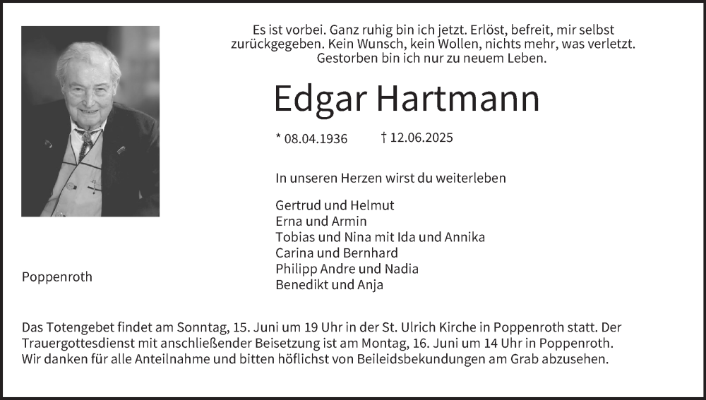 Traueranzeige für Edgar Hartmann vom 14.06.2025 aus MGO
