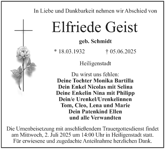 Anzeige von Elfriede Geist von MGO