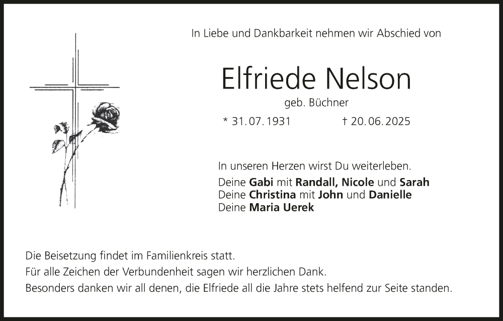  Traueranzeige für Elfriede Nelson vom 28.06.2025 aus MGO