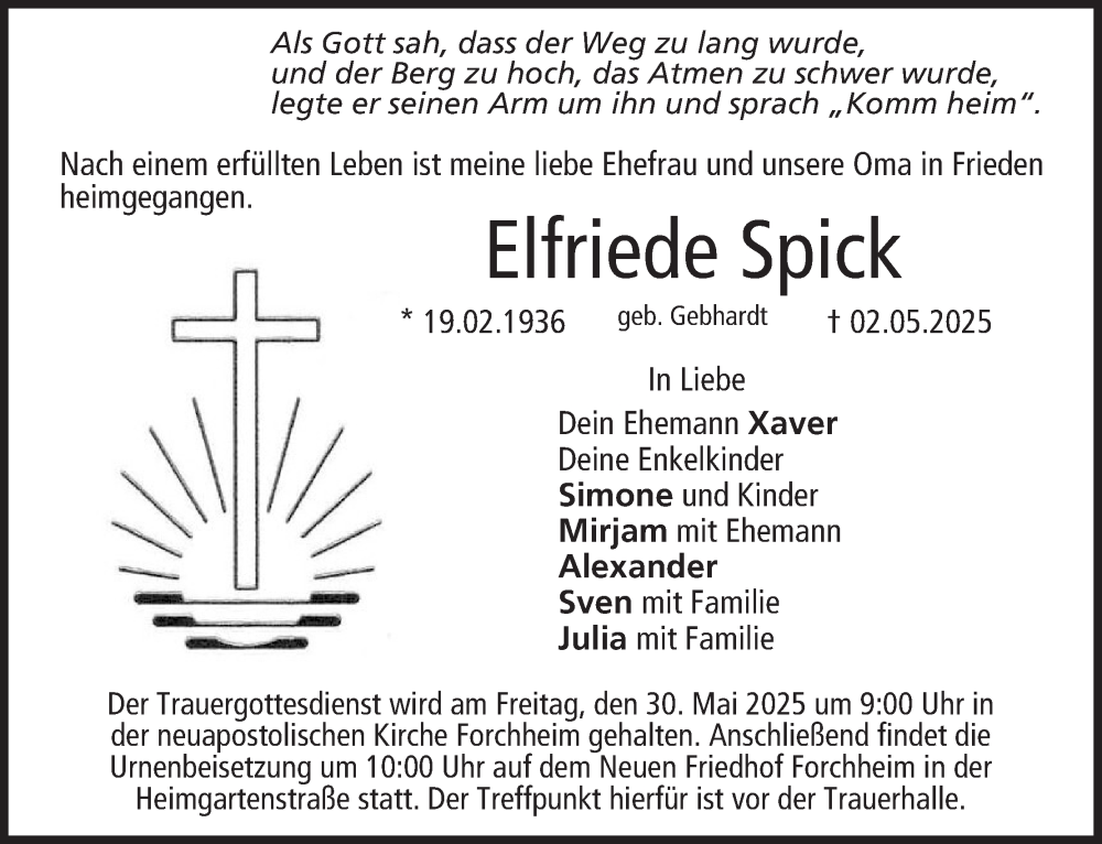  Traueranzeige für Elfriede Spick vom 24.05.2025 aus MGO