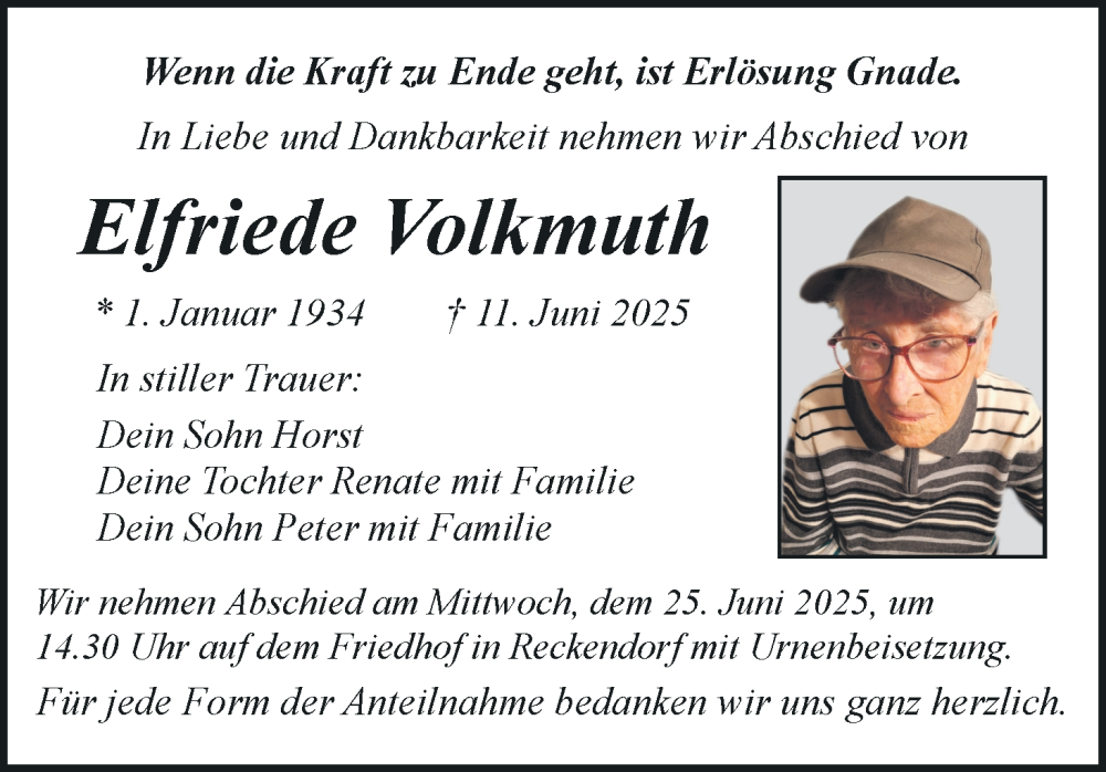  Traueranzeige für Elfriede Volkmuth vom 21.06.2025 aus MGO