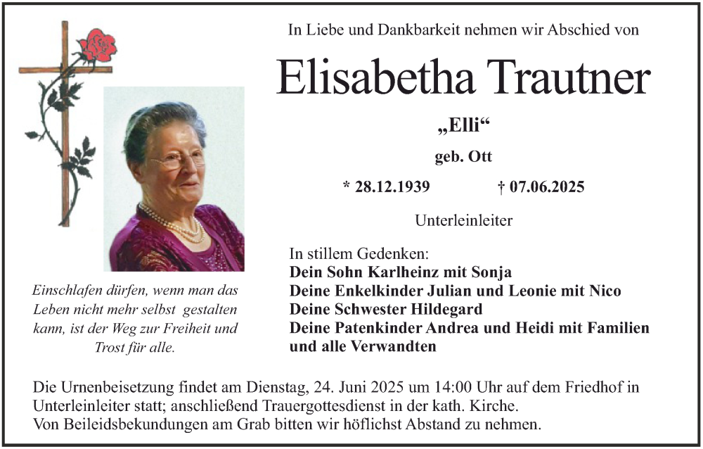  Traueranzeige für Elisabetha Trautner vom 18.06.2025 aus MGO