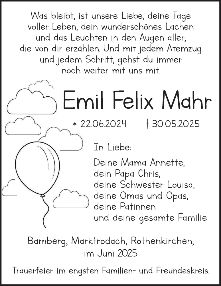  Traueranzeige für Emil Felix Mahr vom 04.06.2025 aus MGO