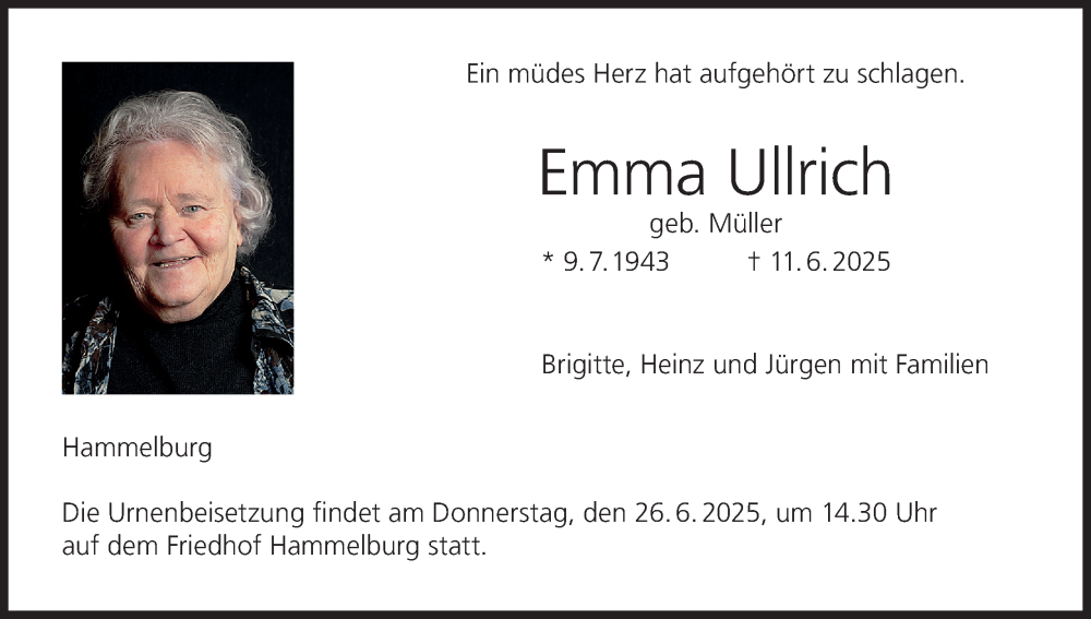  Traueranzeige für Emma Ullrich vom 21.06.2025 aus MGO